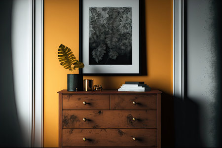 a mock poster frame against the wall, with a chest of drawersの素材