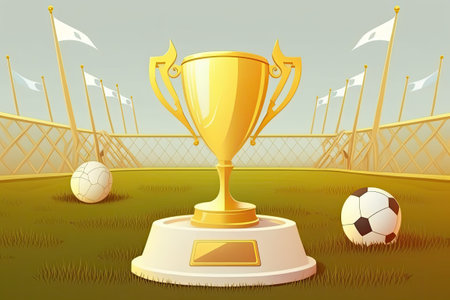 Cricket field or stadium with copy space and a trophy cup in goldの素材