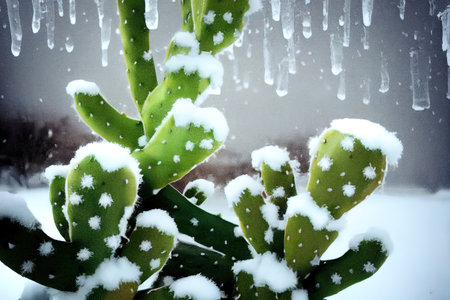 Winter storm in Austin Texas. Cactus in ice. Freezing rain. Winter scene. Natural disasterの素材