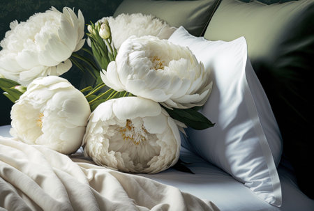White spring peonies on bed, close upの素材