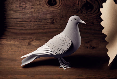 with copy space, a top shot of a paper dove on a wooden tableの素材