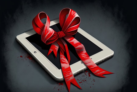 with a crimson ribbon and a large white tablet.の素材