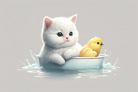 Cute white British kitten takes a bath with a toy duck. separate from the backgroundの素材