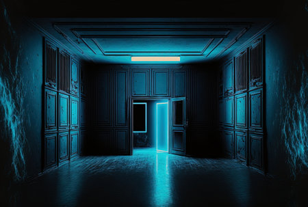 with a background of an empty room with blue neon lightingの素材
