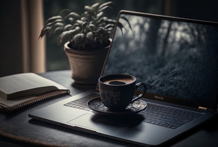 Work from home concept, close up of an open laptop on a dark tabletop.の素材