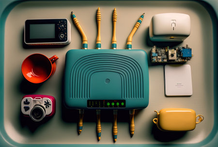 Wi fi router seen from above with smart gadgets and a home figurineの素材