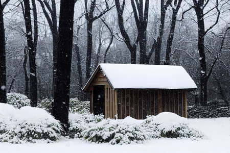 Wooden garden shed covered with snow. First snow. Winter in the gardenの素材