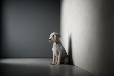 A dog is seen in a studio background against a blank wallの素材