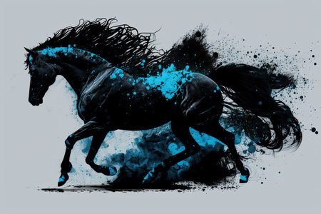 A moving black stallion on a background of black dust clubsの素材