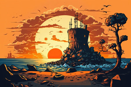 A post nuclear world. Sunset over war ravaged ruinsの素材