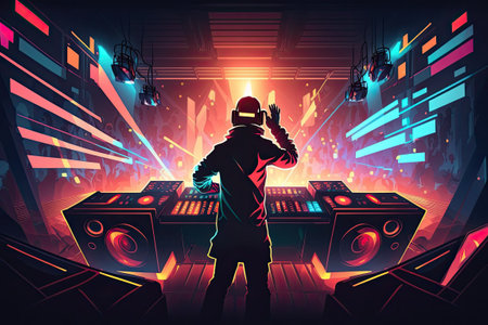 A concert with a DJ, lasers, and musicの素材