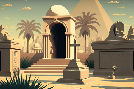 A tomb in Cairo, Egypt, near to the Giza Pyramids contains ancient Egyptian statuesの素材