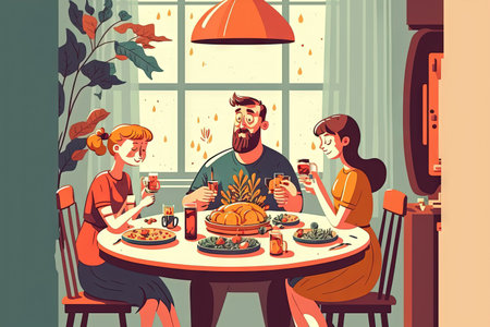 A joyful family sets the table for lunch at home. Father is highlightedの素材