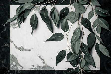 A marble background with a border of eucalyptus leaves. Stretch outの素材