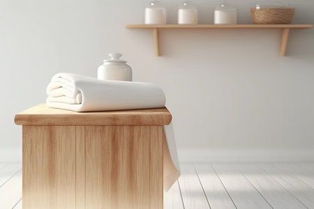 A wooden table draped with a spa towel sits on a hazy shelf in a bathroomの素材