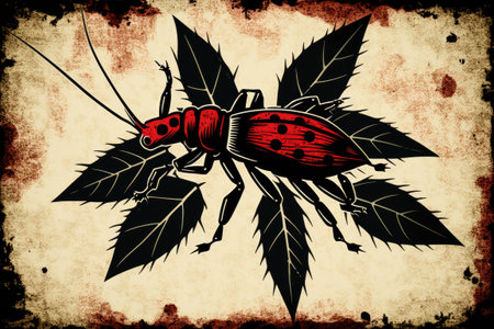 Assassin bug, Pietermaritzburg, South Africa, red and black on a leafの素材