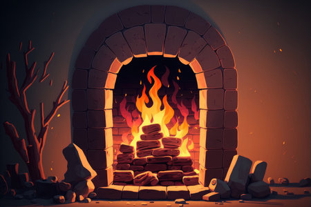 A fire burns in a fireplace, Fire to keep warmの素材