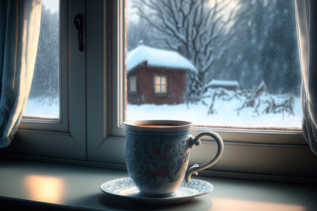 A cup of coffee with zephyrs on the window on a winter morningの素材
