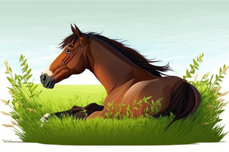A bay horse stretches out on lush summer grassの素材