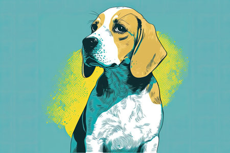 Adorable beagle puppy in lemon yellow, isolated against a blue backgroundの素材