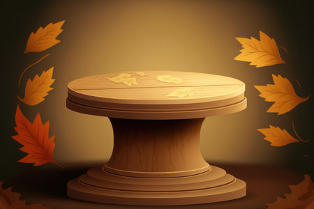 A wooden product display pedestal with hazy leaves in the background is brownの素材