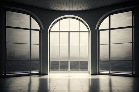 Architecture background empty interior with panoramic windowsの素材