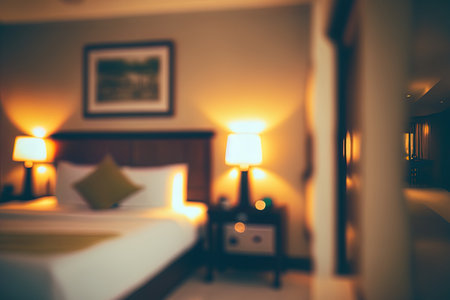 Background of defocused and blurred hotel resort bedroomの素材