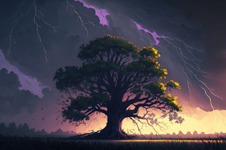 At dusk, a ray of light pierces the dramatic sky and strikes a lone oak treeの素材