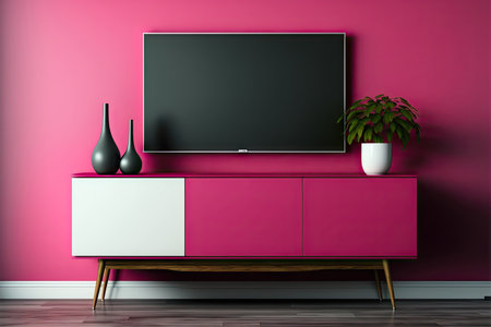 Cabinet for TV in modern living room on viva magenta wall backgroundの素材