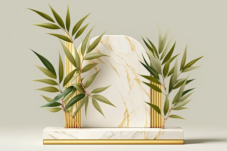 Bamboo leaves decorate a white marble podium for showcasing productsの素材