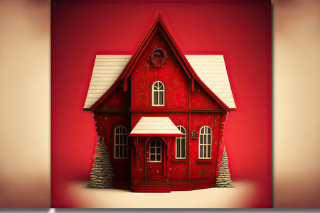 Christmas wooden house with red backgroundの素材