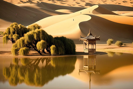 Badain Jaran, Inner Mongolia, China, is home to a desert oasis with beautiful lakesの素材
