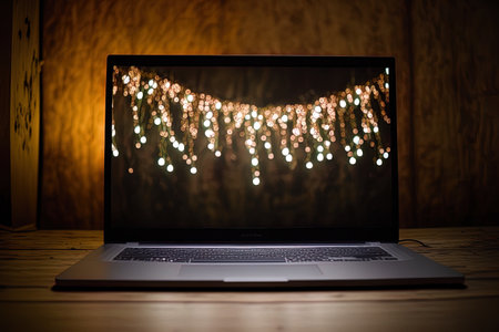 Blank laptop screen on a wooden table with holiday lights in the backdropの素材