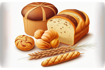 Bread and rolls in a composition, isolated on whiteの素材