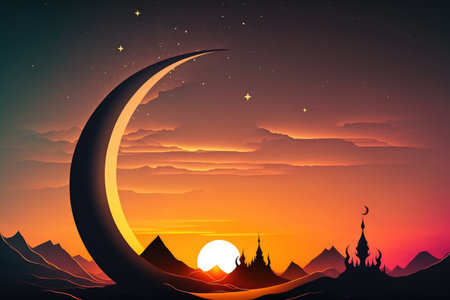 Crescent moon against a stunning sunset backdrop. Giving Ramadanの素材