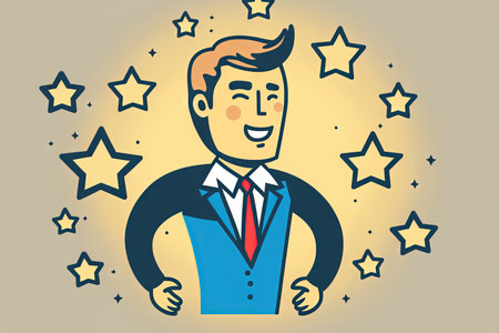 Businessman on blurred background rating with drawn starsの素材