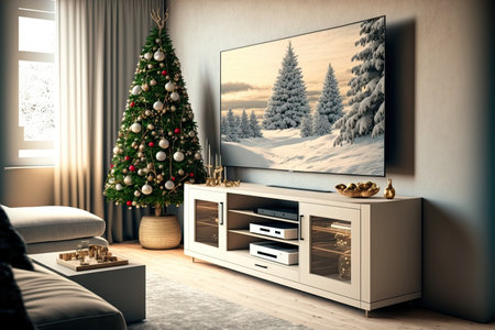 Christmas room with TV cabinet in modern living room on cream wall backgroundの素材