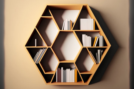 Bookshelf with a hexagon shape for a copy space mockupの素材