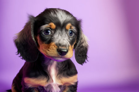 Cute dachshund puppy with copy space on a lilac backdropの素材