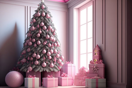 Christmas tree with pink toys. Christmas background with inside room and presentsの素材