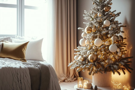 Decorated Christmas tree at bedroom in eco bright interior at homeの素材