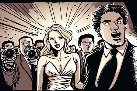 Celebrity couple arriving a premiere with paparazzi cameras and flashesの素材