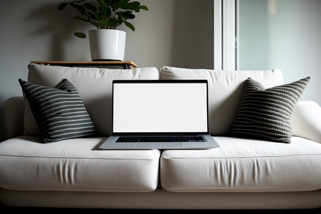 Blank laptop screen on sofa in contemporary living roomの素材