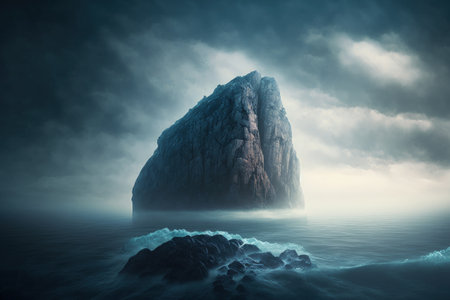 Beautiful sea in a vertical image with a big rock in the distance against a foggy skyの素材