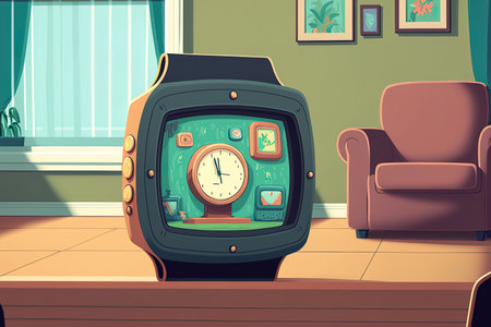 Cartoon watch wearing hand in the living room. Mockup of a cartoon deviceの素材
