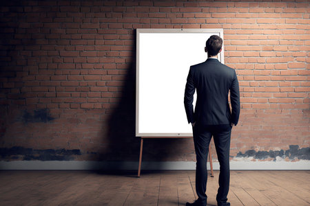 Businessman examining whiteboard in room with wooden floor and brick wall. a mockupの素材
