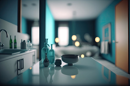 Blurred bathroom with a tabletop in the foregroundの素材