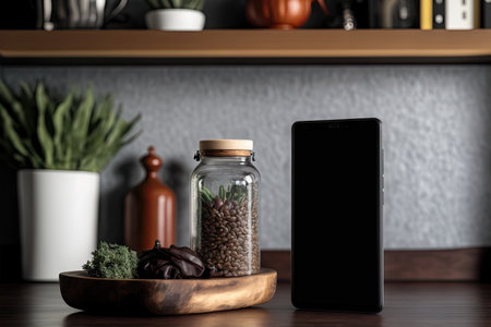 Copy space on a shelf made of aged, dark wood with a hazy kitchen backgroundの素材