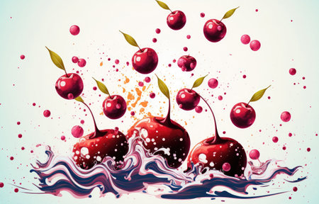 Cherries on a white background with juice splatters in a swirling patternの素材