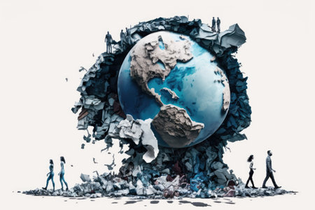 Concept of global pollution. Against a white background, a planet reduced to rubbleの素材